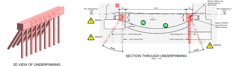 Drawings showing the pile locations and 3D view of underpinning 